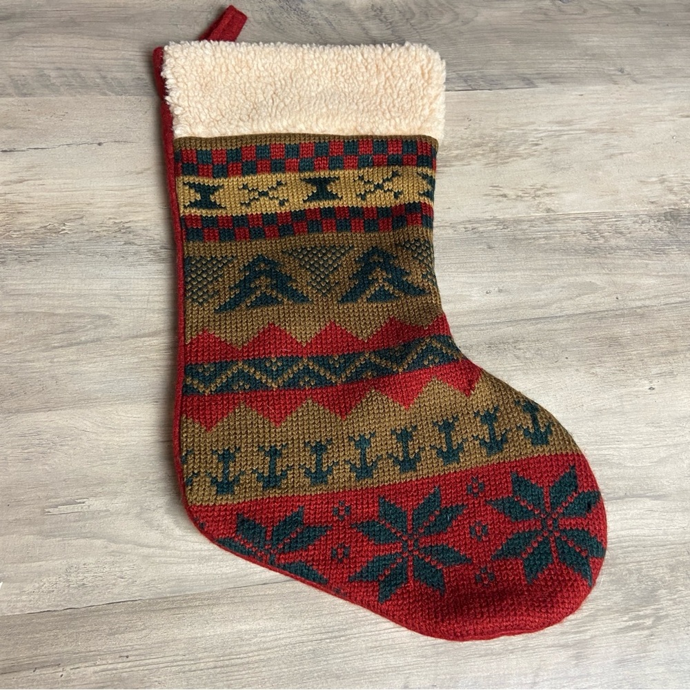 Festive Holiday Christmas Stocking with Red and Green Pattern, Lodge/ Cabin Vibe